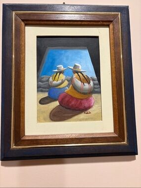Vintage Framed Folk Art Painting - Two Figures in Blue, Pink, Yellow